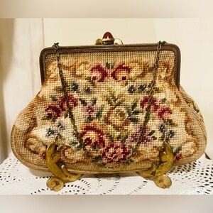 Vintage Jolles Austria Petit Point Floral Handbag Ornate Brass Red Jewel Clasp